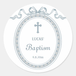 Dusty Blue Bow griechischer Rahmen Taufe Runder Aufkleber