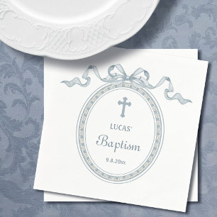 Dusty Blue Bow griechischer Rahmen Taufe Serviette