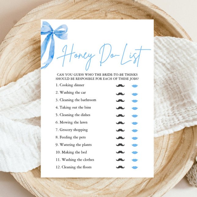Dusty Blue Bow Honey Do List Brautparty Game Einladung (Modern Watercoior Dusty Blue Bow Honey Do List Bridal Shower Game)