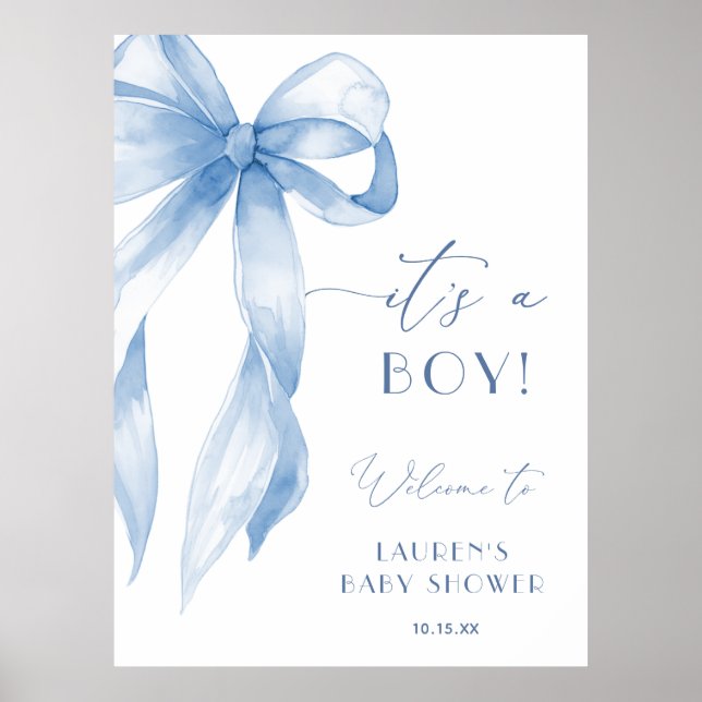 Dusty Blue Bow Its A Boy Baby Shower Welcome Sign Poster (Vorne)