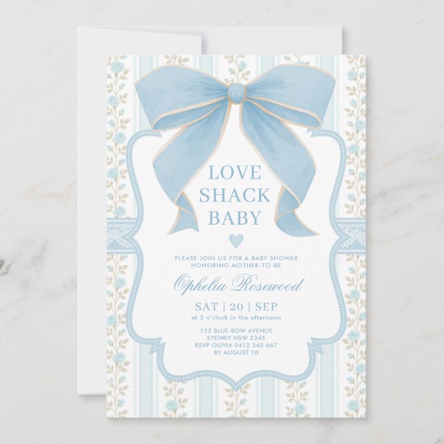 Dusty Blue Bow Liebe Shack Baby Boy Dusche Einladung (Vorderseite)