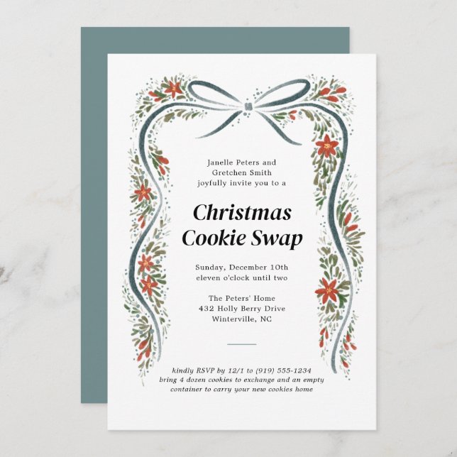 Dusty Blue Bow und Poinsettias Weihnachtsfeiertag Einladung (Vorne/Hinten)