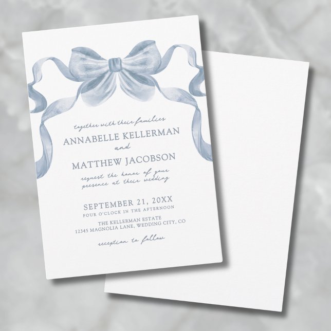 Dusty Blue Bow Whimsical Elegant Wedding Einladung (Dusty Blue Bow Whimsical Elegant Wedding Invitatio Invitation)