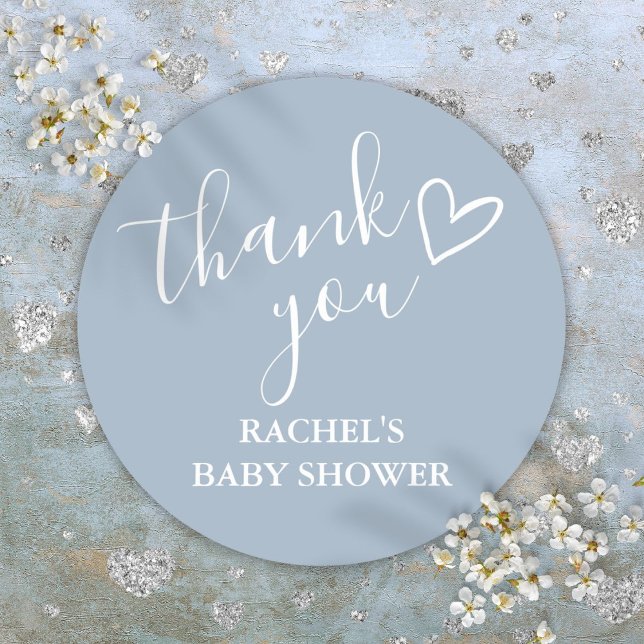 Dusty Blue Boy Baby Showherz Vielen Dank Runder Aufkleber (Dusty Blue Boy Baby Shower Script Heart Thank You Classic Round Sticker)