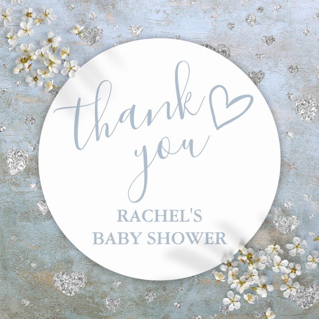 Dusty Blue Boy Baby Showherz Vielen Dank Runder Aufkleber (Dusty Blue Boy Baby Shower Script Heart Thank You Classic Round Sticker)