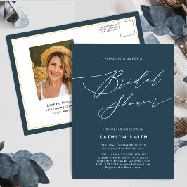 Dusty Blue Brautparty Elegantes Script Minimalisti Einladungspostkarte