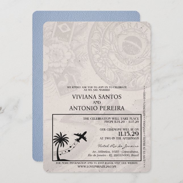 Dusty Blue Brazil Passport Hochzeitseinladung Einladung (Vorne/Hinten)