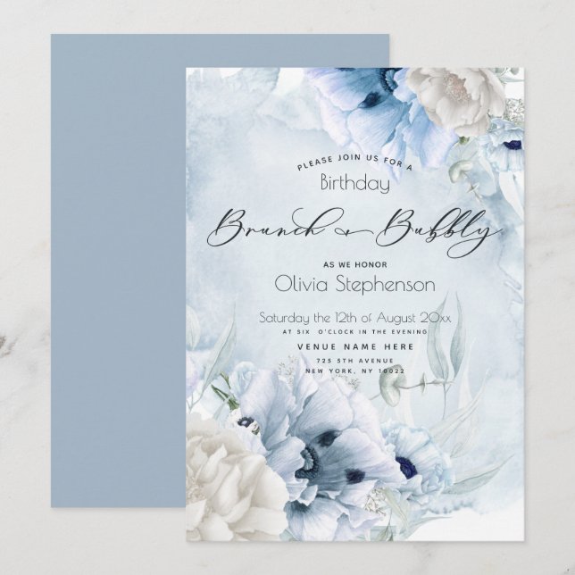 Dusty Blue Brunch Bubbly Birthday Einladung (Vorne/Hinten)