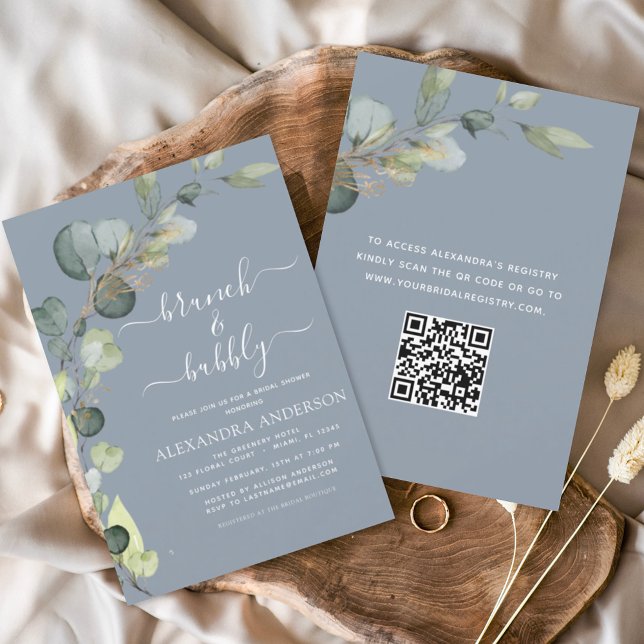 Dusty Blue Brunch & Bubbly QR Code Einladung (Von Creator hochgeladen)