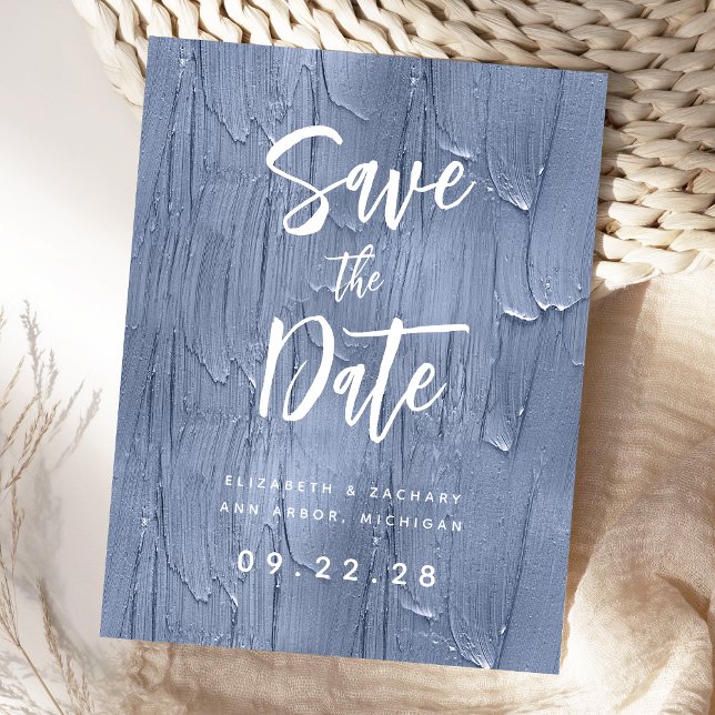 Dusty Blue Brush Strokes QR-Code Save the Date Ankündigungspostkarte (Von Creator hochgeladen)