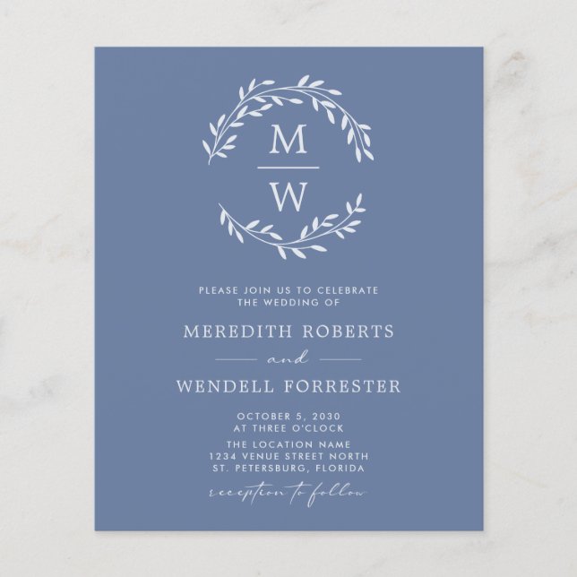 Dusty Blue Budget QR Code Monogram Wedite Einladun (Vorderseite)