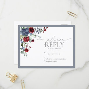 Dusty Blue Burgund Red Floral Watercolor UAWG Einladungspostkarte
