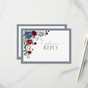 Dusty Blue Burgund Red Floral Watercolor UAWG RSVP Karte