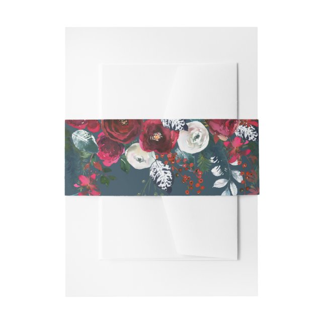 Dusty Blue | Burgundy Bloom Wedding Einladungsbanderole (Vorderseite Beispiel)