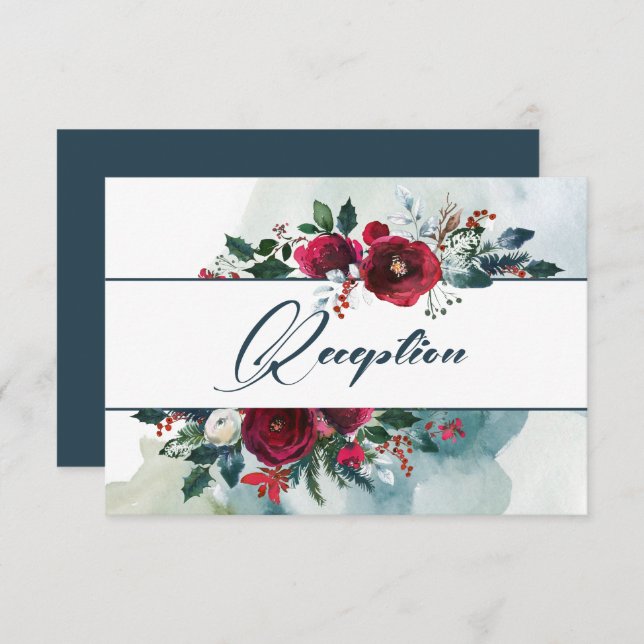 Dusty Blue | Burgundy Bloom Wedding Reception Card Einladung (Vorne/Hinten)