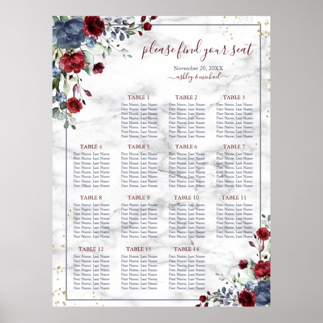 Dusty Blue Burgundy Blumenmarmor Hochzeitssitze Poster (Vorne)