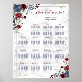 Dusty Blue Burgundy Blumenmarmor Hochzeitssitze Poster