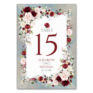 Dusty Blue Burgundy Blush Floral Elegante Hochzeit Tischnummer