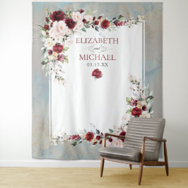 Dusty Blue Burgundy Blush Floral Wedding Backgroun Wandteppich