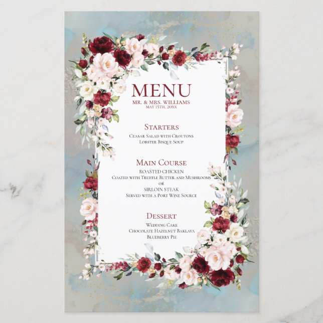 Dusty Blue Burgundy Blush Floral Wedding Menu (Vorderseite)