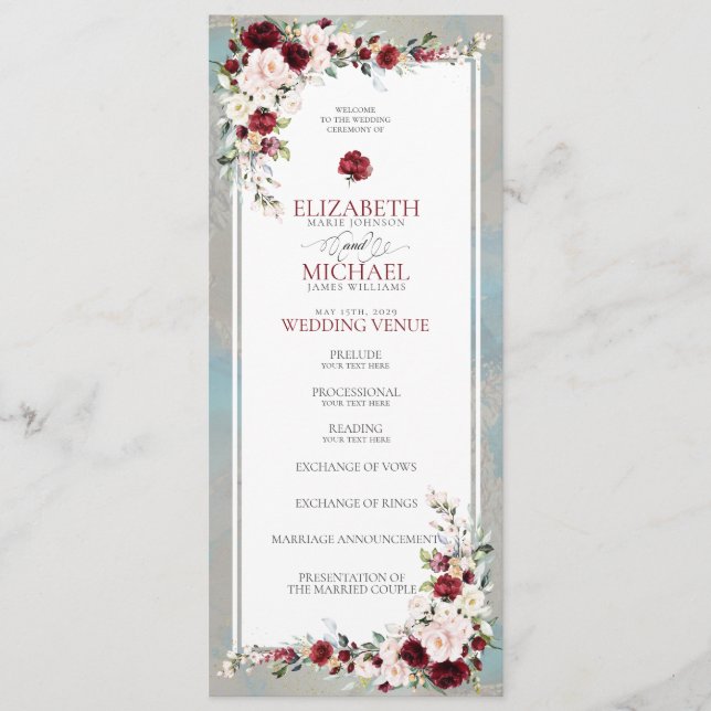 Dusty Blue Burgundy Blush Floral Wedding Program Programm (Vorderseite)