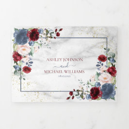 Dusty Blue Burgundy Blush Gold Floral Wedding Dreifach Gefaltete Einladung