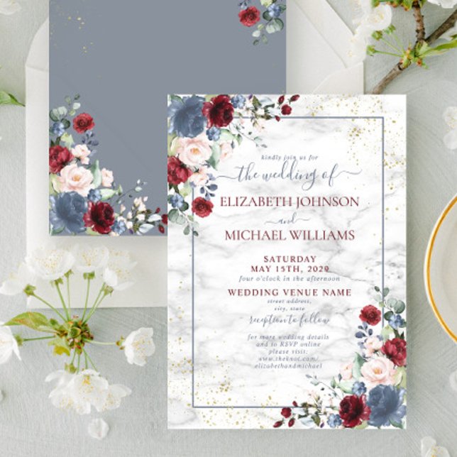 Dusty Blue Burgundy Blush Gold Floral Wedding Einladung (Von Creator hochgeladen)
