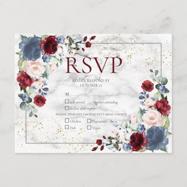 Dusty Blue Burgundy Blush Gold Wedding RSVP Einladungspostkarte (Vorderseite)