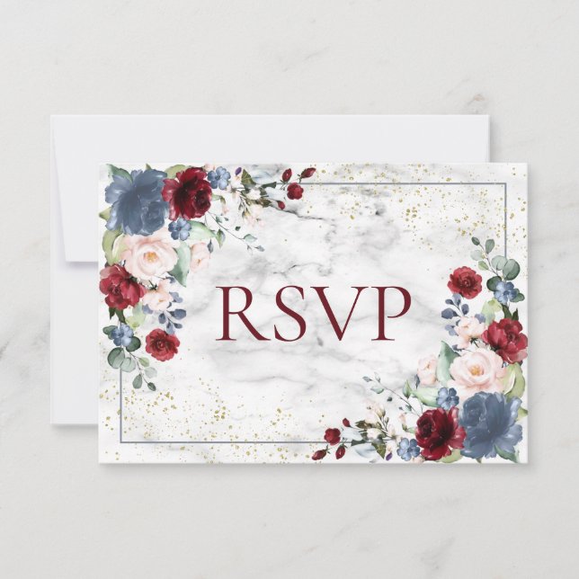 Dusty Blue Burgundy Blush Gold Wedding RSVP Karte (Vorderseite)
