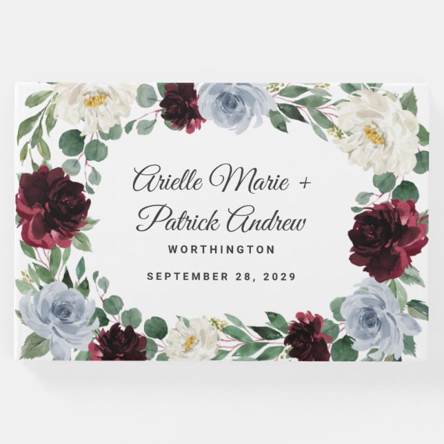 Dusty Blue Burgundy Cranberry Ivory Hochzeit im He Gästebuch (Vorderseite)