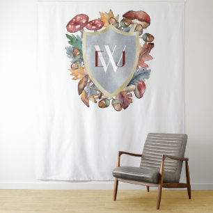 Dusty Blue Burgundy Fall Mushroom Wedding Backgrou Wandteppich