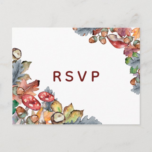 Dusty Blue Burgundy Fall Mushroom Wedding RSVP Einladungspostkarte (Vorderseite)