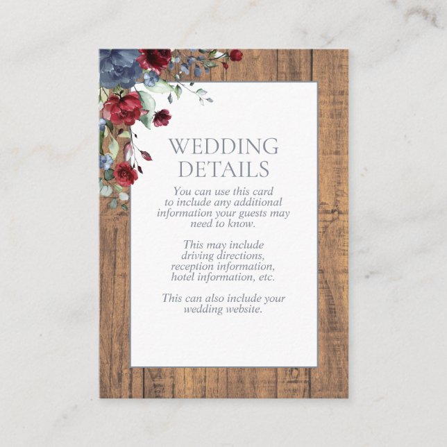 Dusty Blue Burgundy Floral Lace Holzdetails Begleitkarte (Vorderseite)