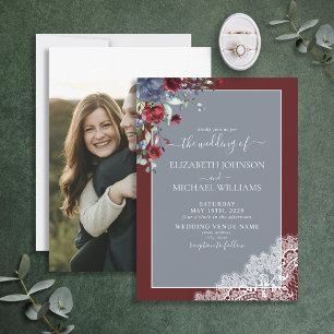 Dusty Blue Burgundy Floral Lace Wood Foto Wedding Einladung