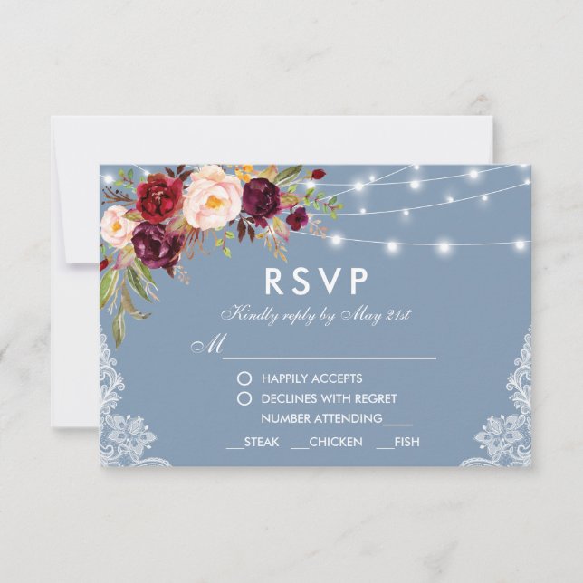 Dusty Blue Burgundy Floral Lights Hochzeit RSVP Karte (Vorderseite)