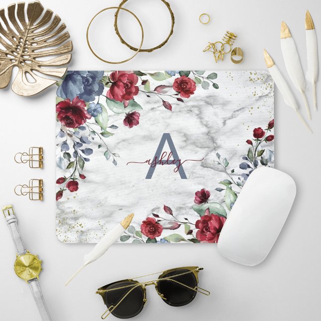 Dusty Blue Burgundy floral Marmorname Monogram Mousepad (Von Creator hochgeladen)