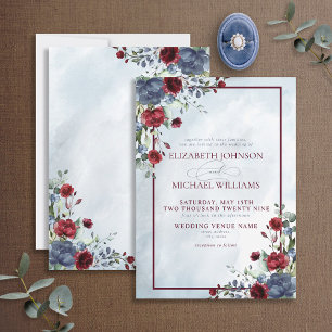 Dusty Blue Burgundy Floral Watercolor Script Invit Einladung