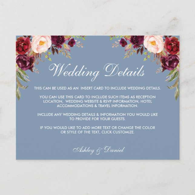 Dusty Blue Burgundy Floral Wedding Details Card Postkarte (Vorderseite)