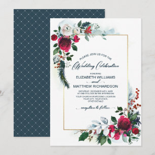 Dusty Blue   Burgundy Red Bloom Winter Wedding Einladung