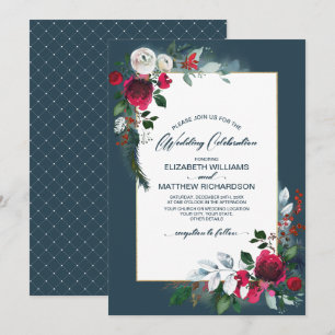 Dusty Blue   Burgundy Red Bloom Winter Wedding Einladung