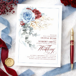 Dusty Blue & Burgundy Red Boho Floral Wedding Einladung