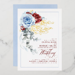 Dusty Blue & Burgundy Red Floral Boho Wedding Folieneinladung