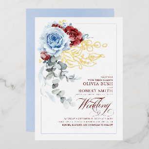 Dusty Blue & Burgundy Red Floral Boho Wedding Folieneinladung