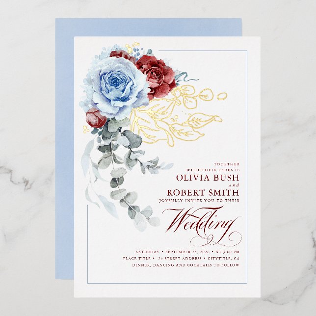 Dusty Blue & Burgundy Red Floral Boho Wedding Folieneinladung (Vorderseite/Rückseite)