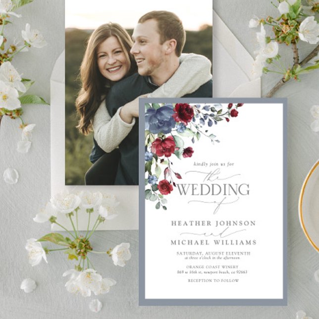 Dusty Blue Burgundy Red Floral Watercolor Foto Einladung (Von Creator hochgeladen)