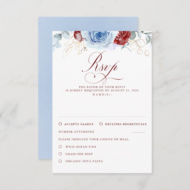 Dusty Blue Burgundy Red Flowers Wedding RSVP (Vorne/Hinten)