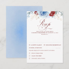 Dusty Blue Burgundy Red Flowers Wedding RSVP Karte