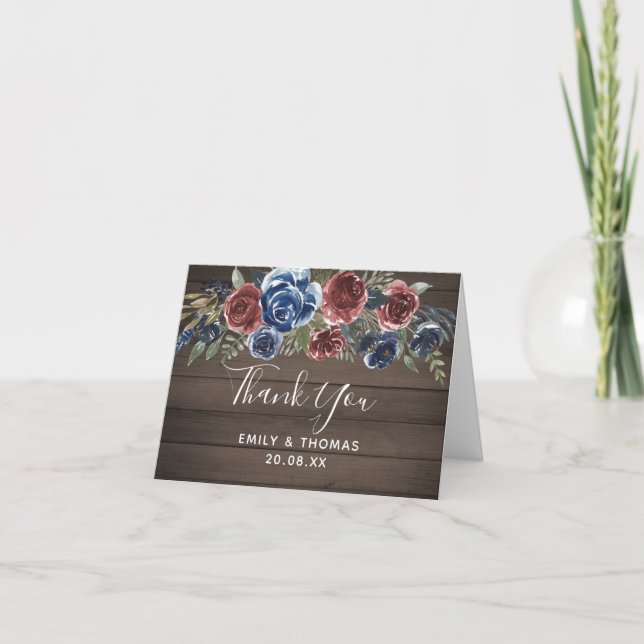 Dusty Blue Burgundy Rustic Wood Watercolor Floral Dankeskarte (Vorderseite)