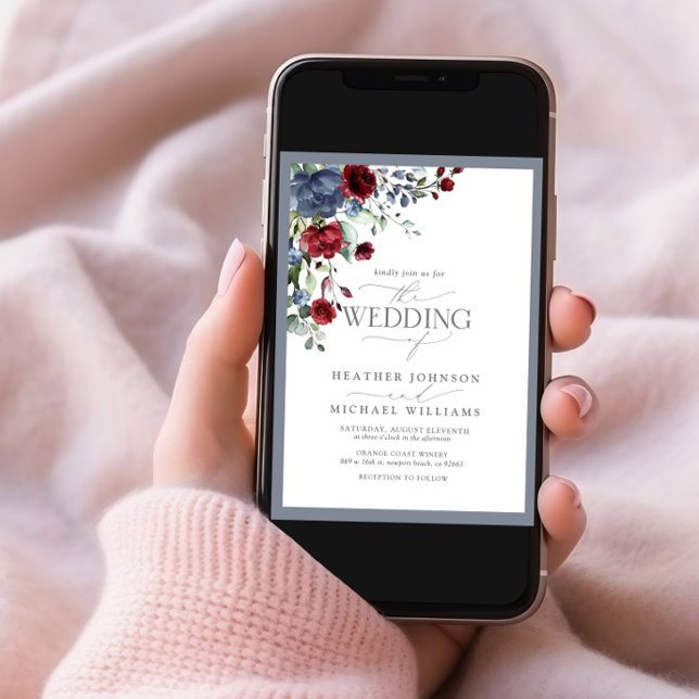 Dusty Blue Burgundy Watercolor Floral Wedding Einladung (Von Creator hochgeladen)