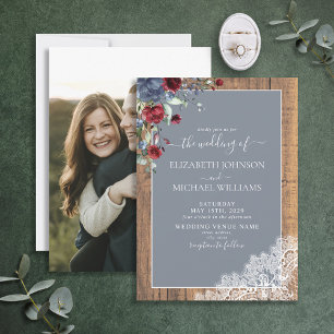 Dusty Blue Burgundy Wood Foto Einladung Hochzeit